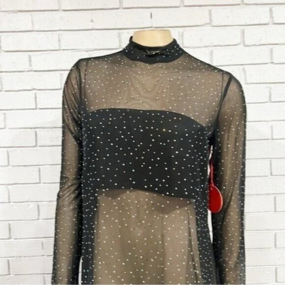 Eva Franco Long‑Sleeve Sheer Mesh Rhinestone Tunic Top, Size M — Statement Layer - Picture 7 of 16
